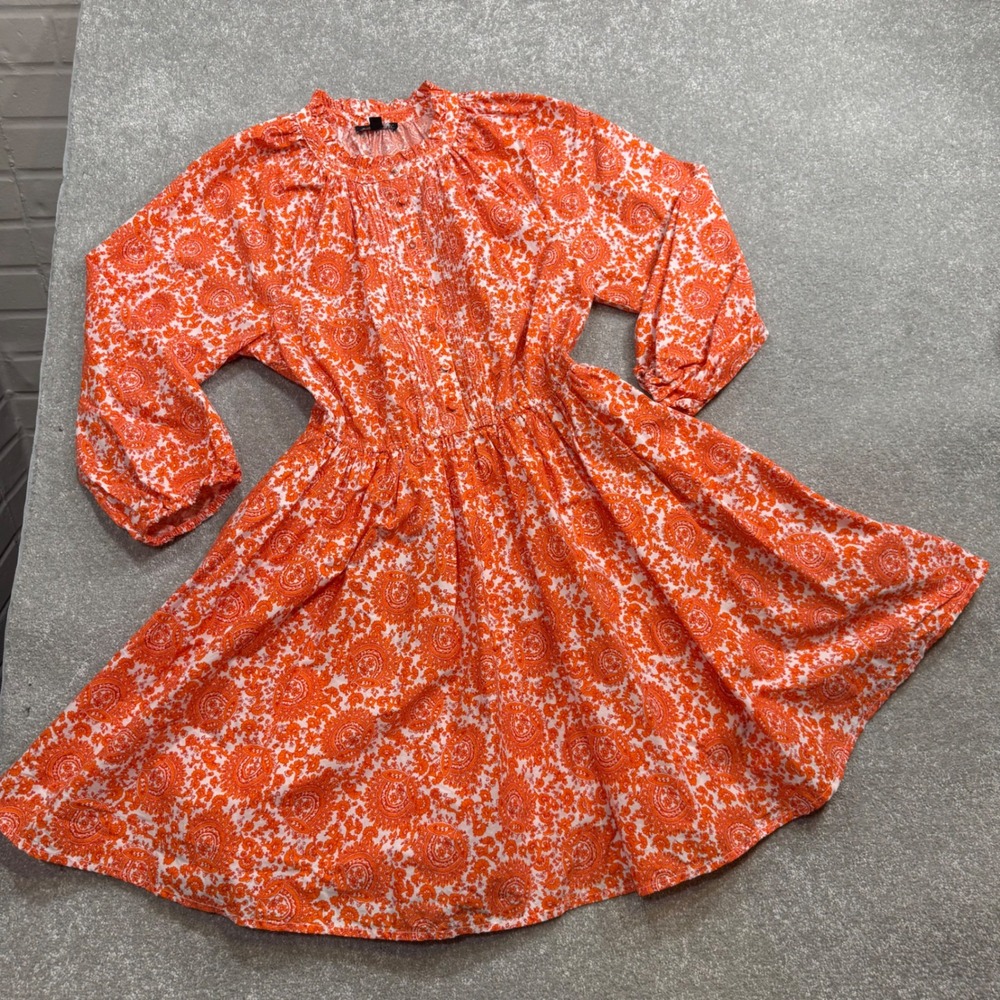 J Crew Ruffle Collar Mini Dress Cotton Poplin‎ Floral Bouquet Orange Paisley Med - Picture 9 of 16